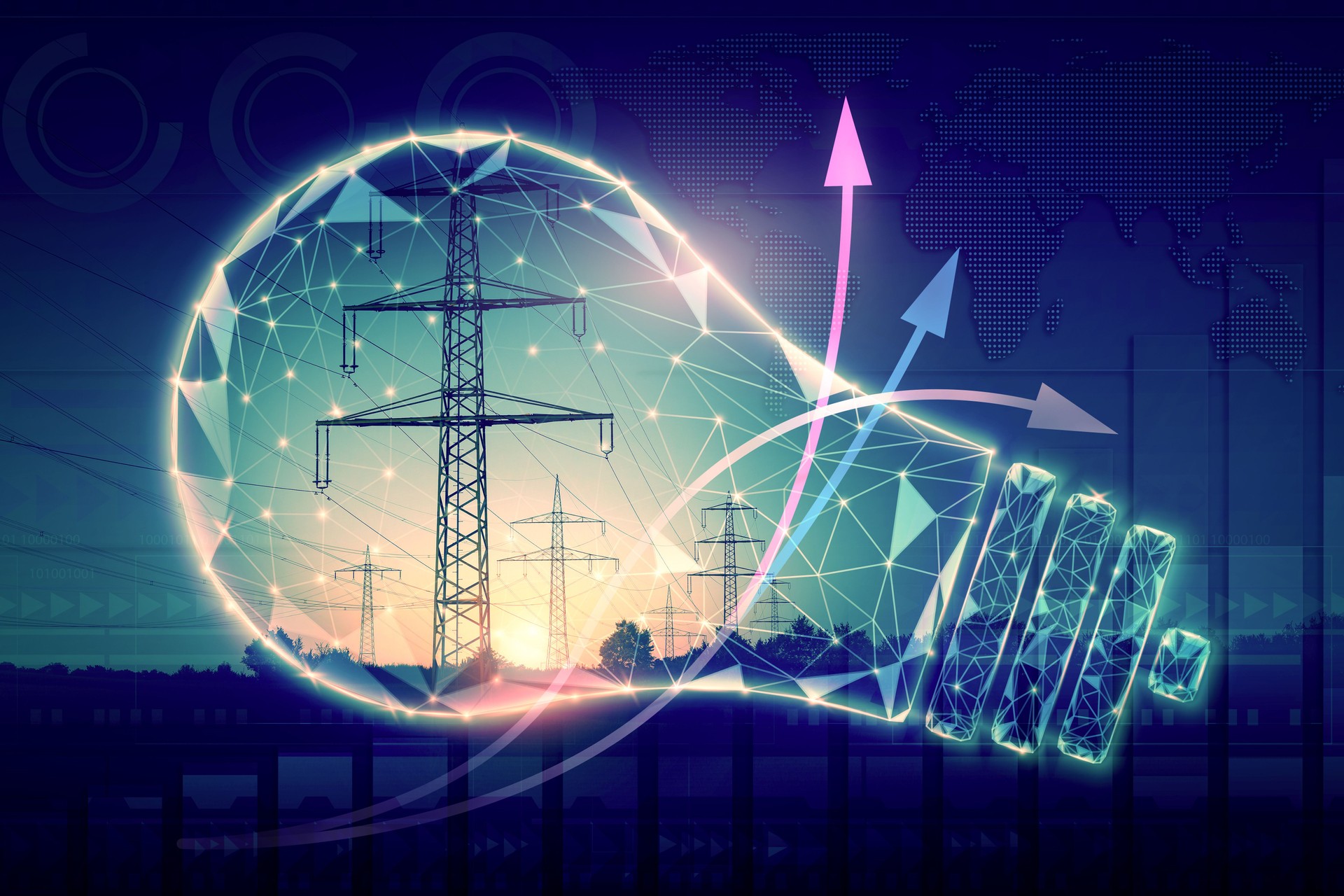 Renewable energy concept. Glowing symbolic light bulb and power transmission lines. Ascending arrows. Increasing production of clean electricity, energy security, recycling. Graphic design on photo
